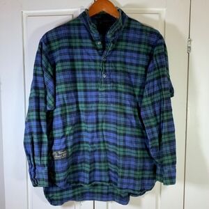 Vermont Flannel Co Henley Shirt Mens XS Blue Green Plaid Heavyweight Cotton USA